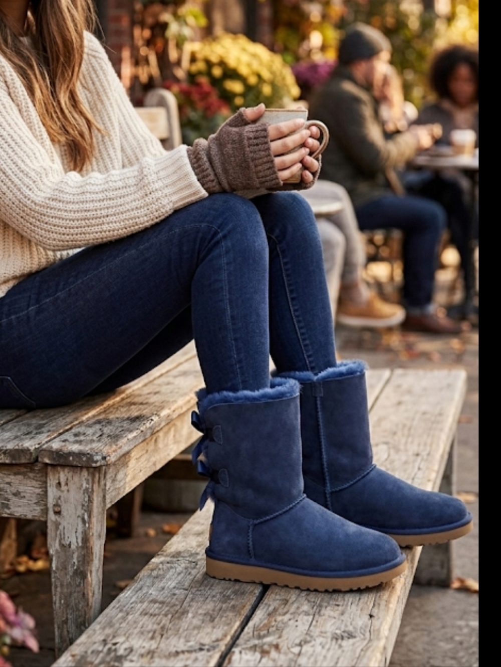 UGG Navy Short Suede Boots with Shearling Trim, 2x Bows On Each Boot